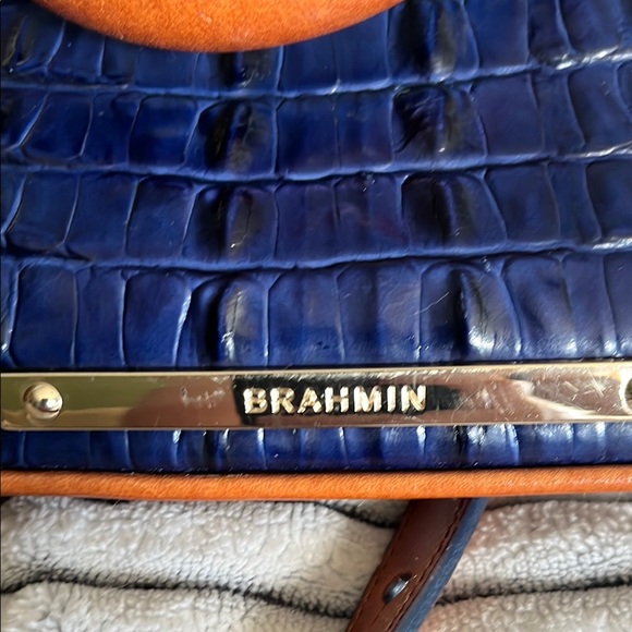Brahmin White Navy Croc-Embossed Satchel with Tan Trim - Picture 5 of 14